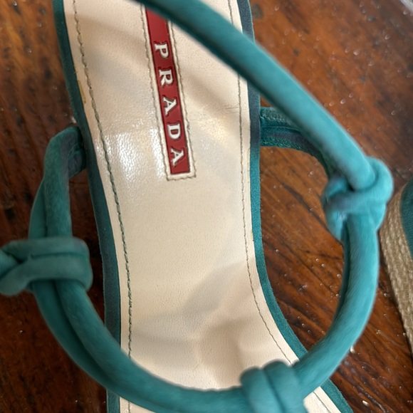 Prada turquoise suede sandals with jute base. - Picture 2 of 6